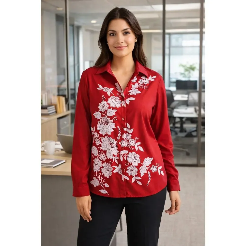Women's Screen Printed Floral Print Button Front Shirt Size XL Red Cream NWT